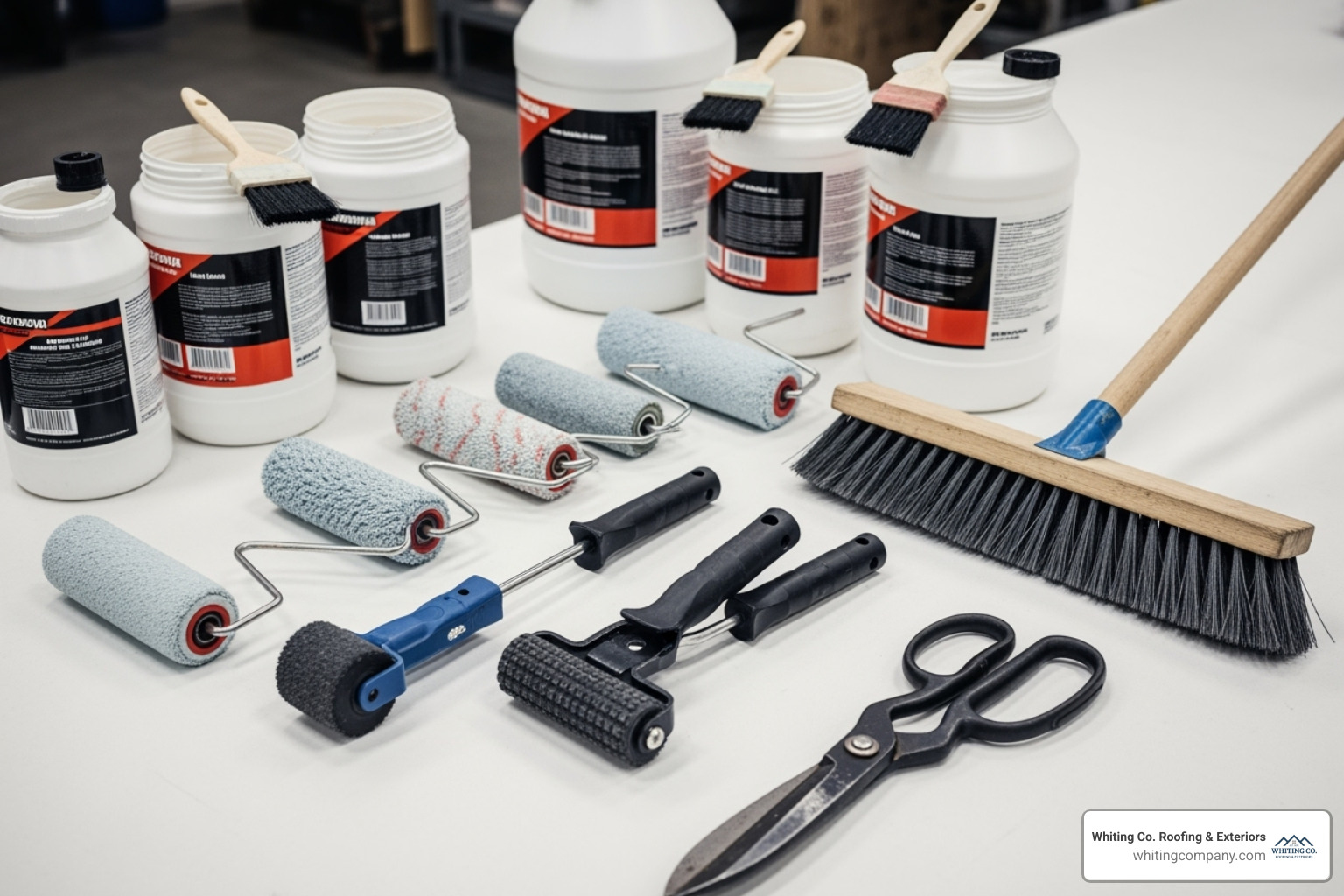essential tools for rubber roof installation: rollers, seam roller, broom, adhesive, and scissors - residential rubber roof installation