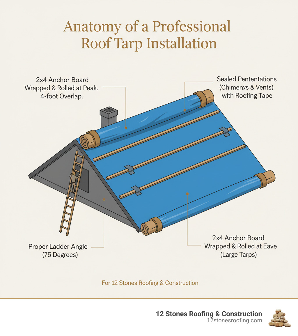 Infographic showing the anatomy of a professional roof tarp installation, including 2x4 anchor boards wrapped and rolled at peak and eaves, 4-foot overlap at ridge, furring strips every 6 feet for large tarps, proper ladder angle, and sealed penetrations around chimneys and vents with roofing tape - Roof tarping for contractors infographic Infographic showing the anatomy of a professional roof tarp installation, including 2x4 anchor boards wrapped and rolled at peak and eaves, 4-foot overlap at ridge, furring strips every 6 feet for large tarps, proper ladder angle, and sealed penetrations around chimneys and vents with roofing tape - Roof tarping for contractors infographic