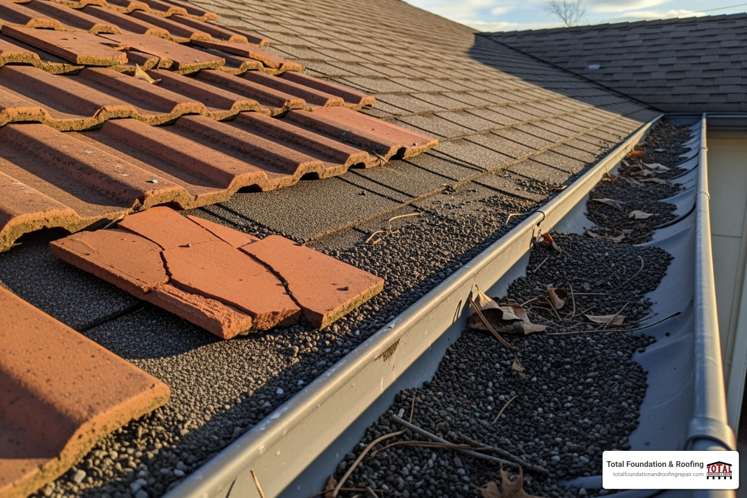 image of cracked roof tiles and granule loss in a gutter - average cost of roof restoration