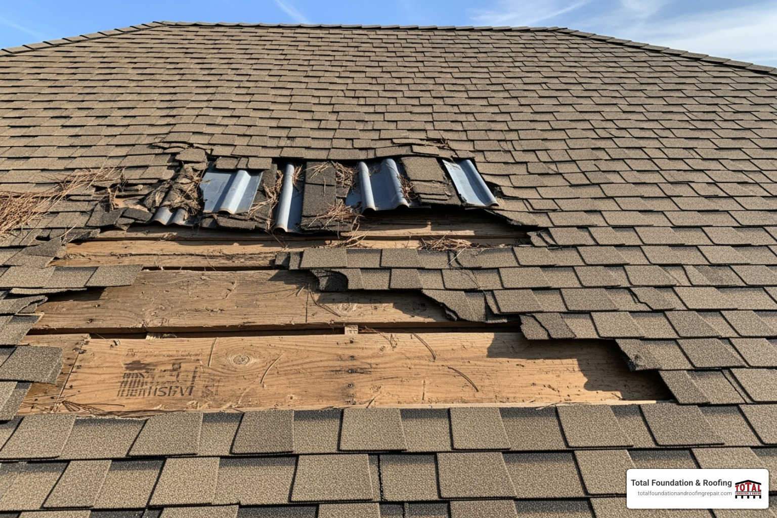 graphic showing various types of roof ridge cap damage, such as missing shingles, cracks, and signs of poor ventilation - roof ridge cap repair cost