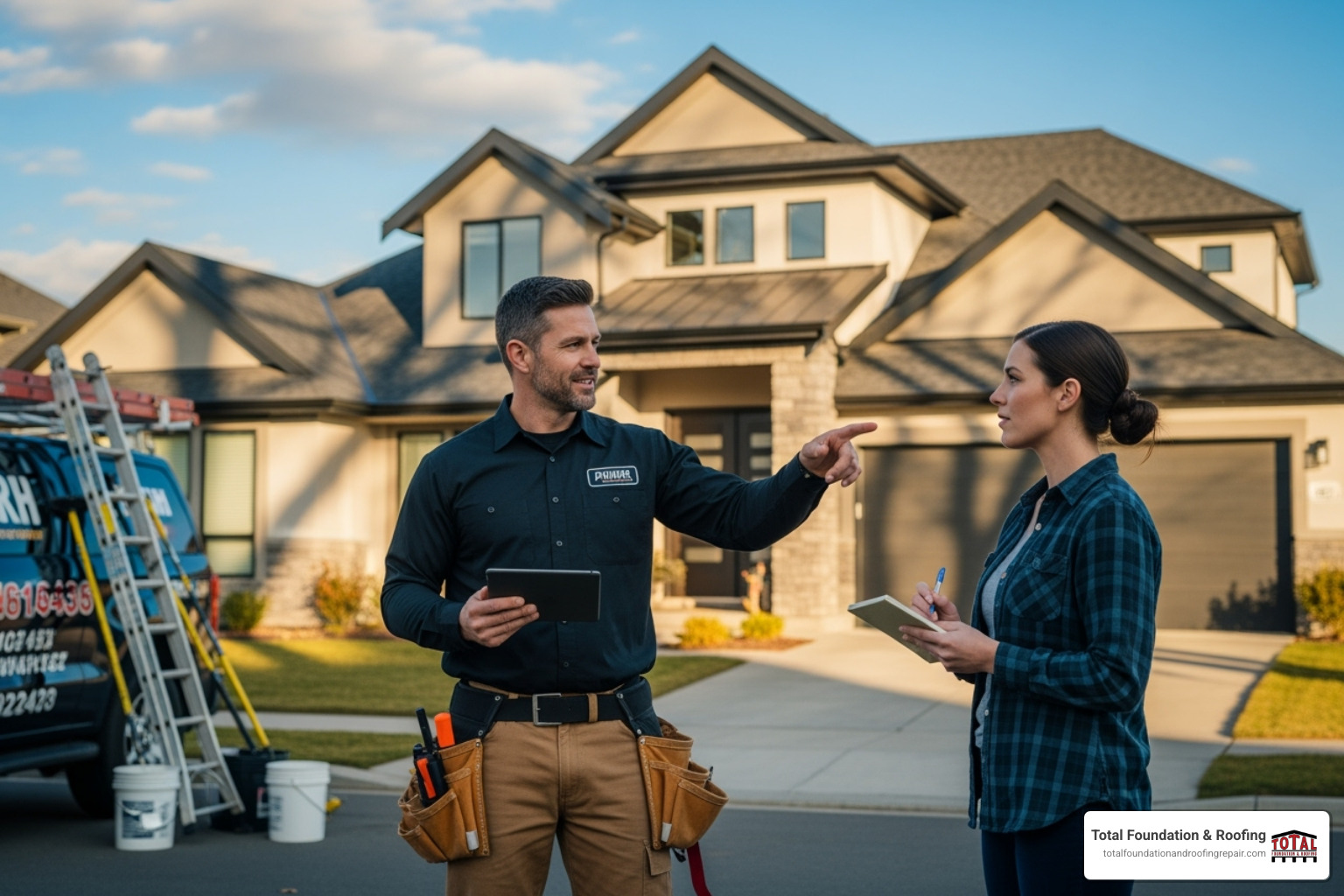 image of a roofing contractor providing a roof restoration estimate to a homeowner - average cost of roof restoration