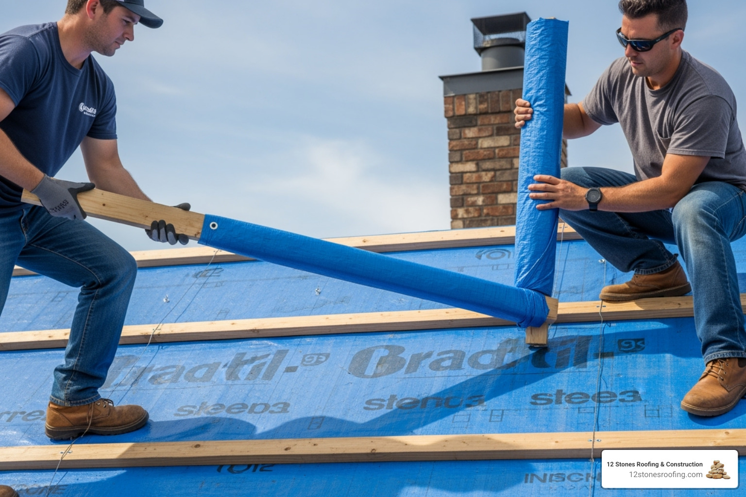 contractors using the "wrap and roll" method with 2x4s to anchor a tarp - Roof tarping for contractors contractors using the "wrap and roll" method with 2x4s to anchor a tarp - Roof tarping for contractors