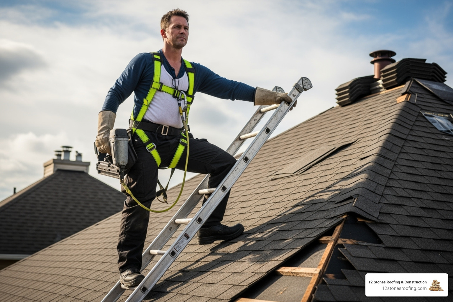 a roofing contractor wearing a full safety harness, gloves, and non-slip boots on a roof - Roof tarping for contractors a roofing contractor wearing a full safety harness, gloves, and non-slip boots on a roof - Roof tarping for contractors