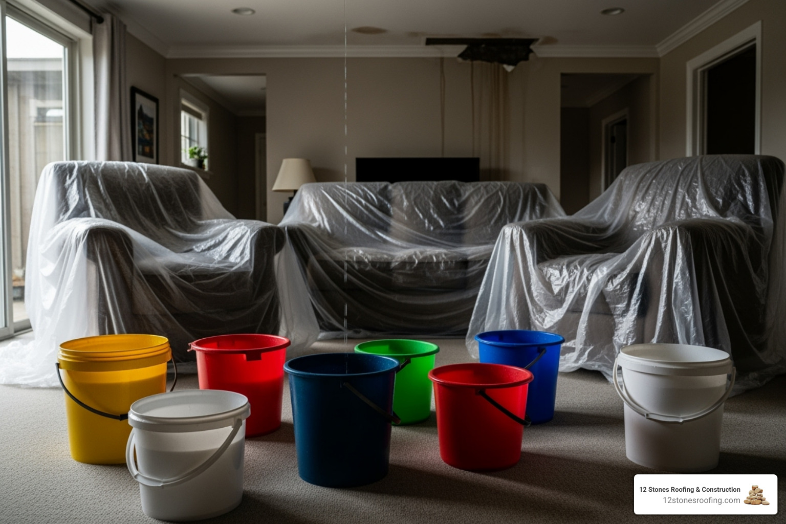 buckets catching drips and furniture covered with plastic sheets - Water damaged ceiling repair buckets catching drips and furniture covered with plastic sheets - Water damaged ceiling repair