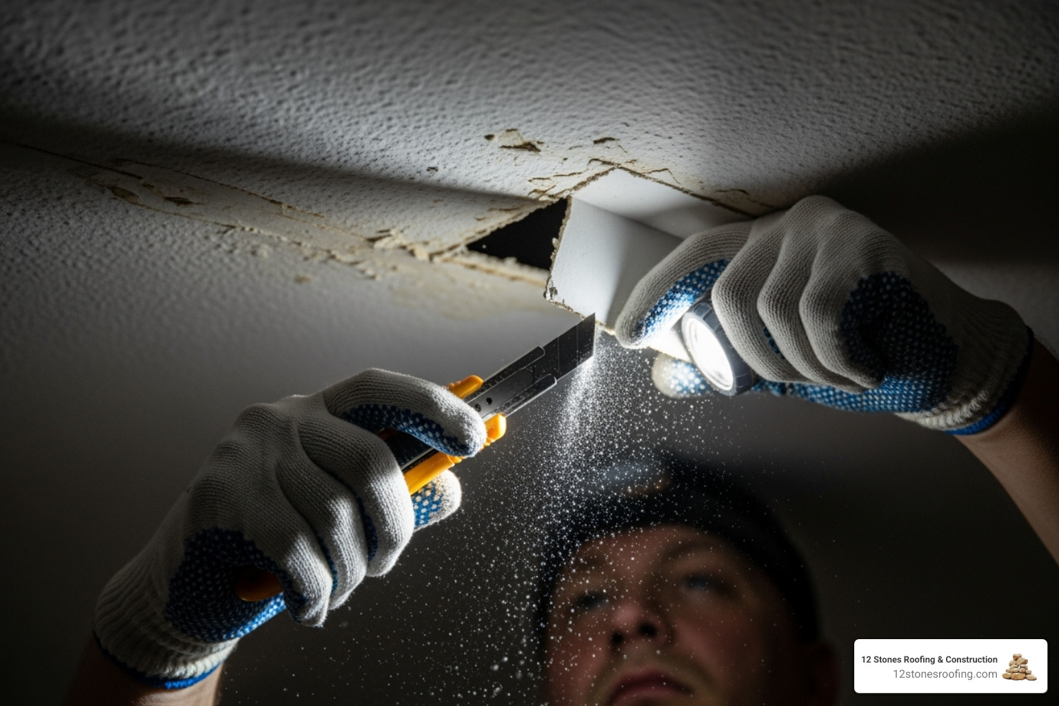 person cutting out a square of damaged drywall from a ceiling - Water damaged ceiling repair person cutting out a square of damaged drywall from a ceiling - Water damaged ceiling repair