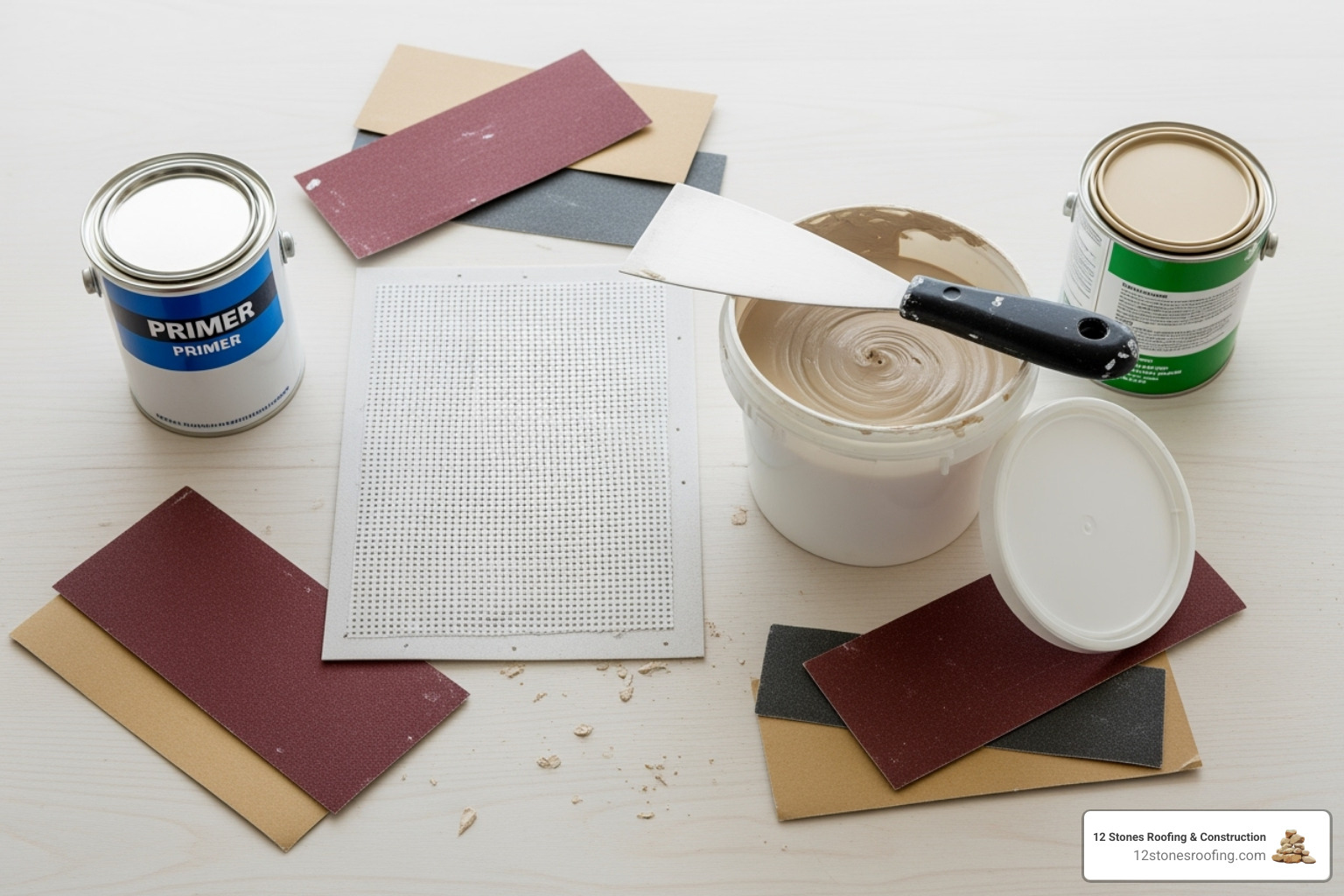 tools and materials laid out: drywall patch, joint compound, putty knife, sandpaper, primer, paint - Water damaged ceiling repair tools and materials laid out: drywall patch, joint compound, putty knife, sandpaper, primer, paint - Water damaged ceiling repair