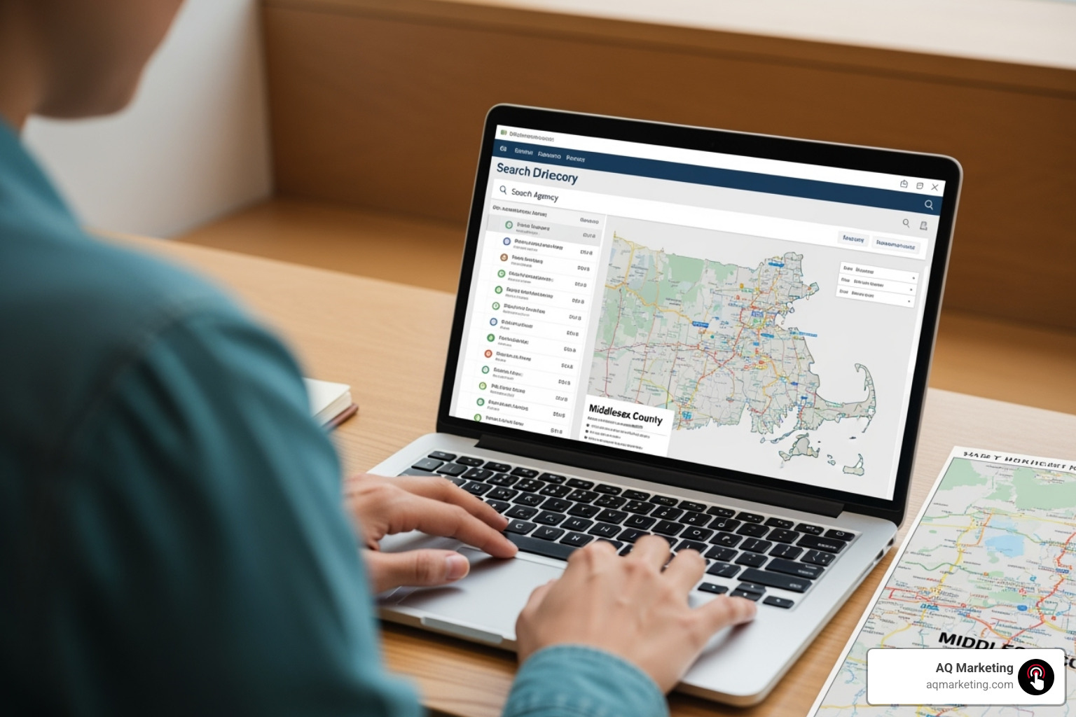 Person researching agencies on a laptop with a map of Middlesex County - How to hire a digital marketing agency for my small business in Woburn? Person researching agencies on a laptop with a map of Middlesex County - How to hire a digital marketing agency for my small business in Woburn?