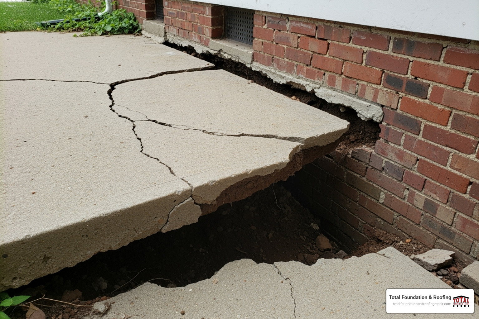 sunken patio slab creating a gap against the house foundation - settling concrete repair