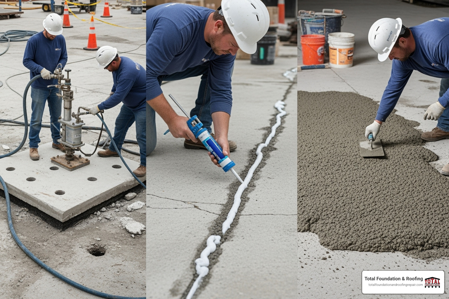 different concrete repair methods being applied side-by-side - settling concrete repair