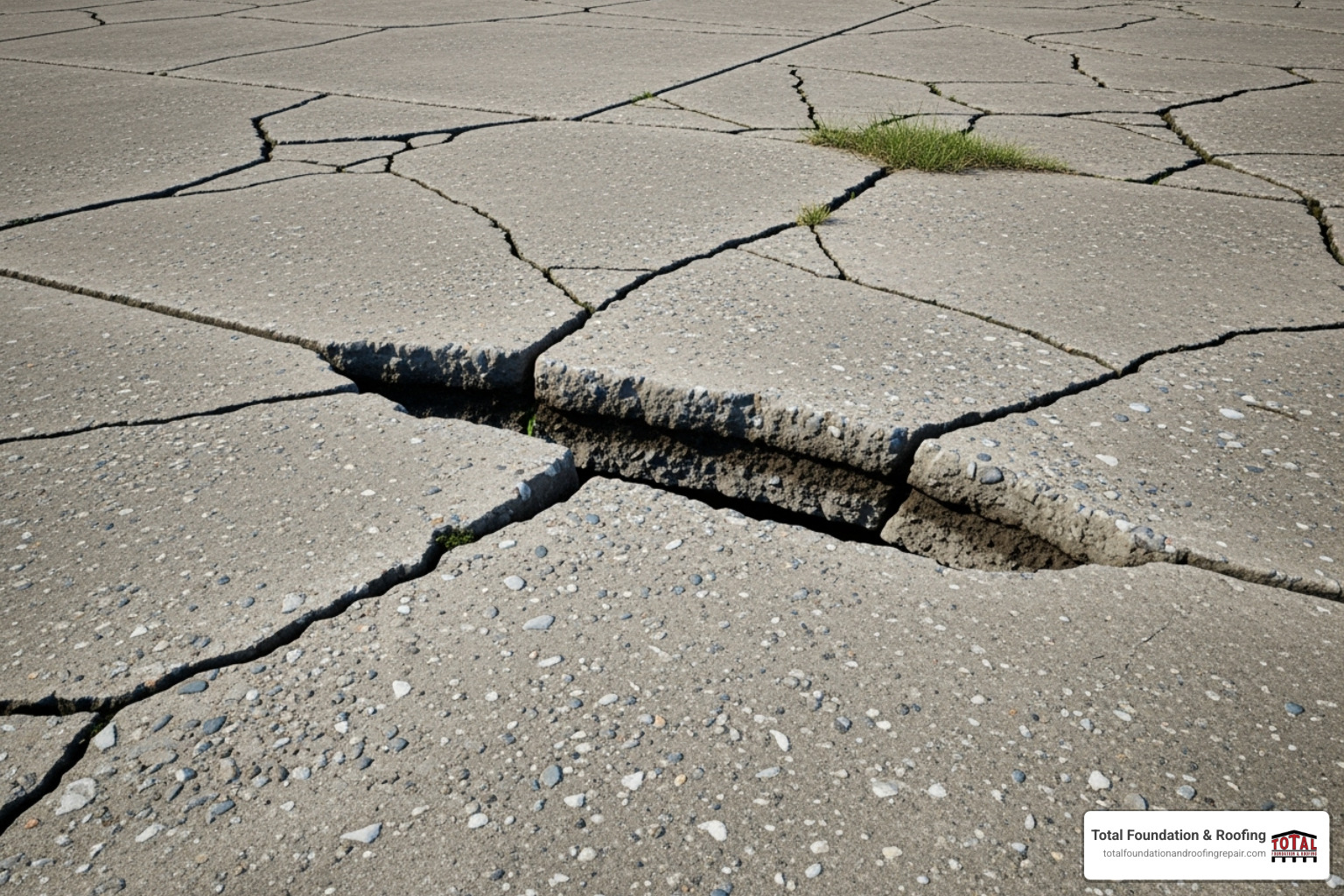 severely cracked and sunken concrete driveway, highlighting the trip hazard - settling concrete repair