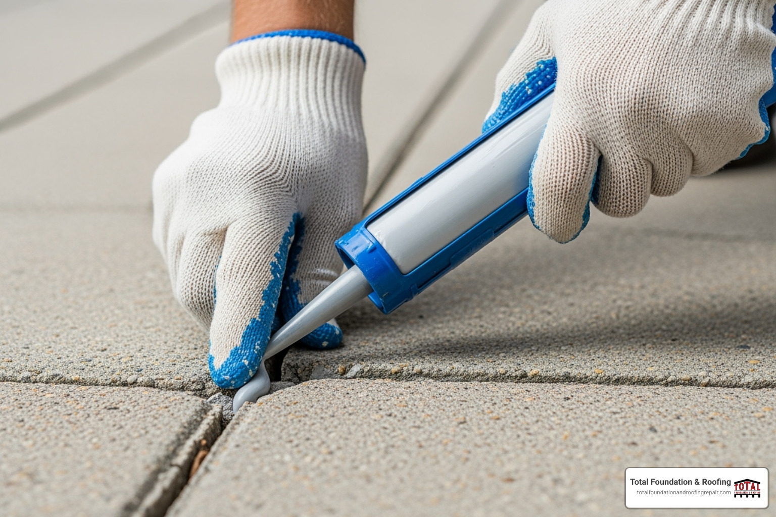 homeowner using a caulking gun to fill a small crack in a walkway - settling concrete repair
