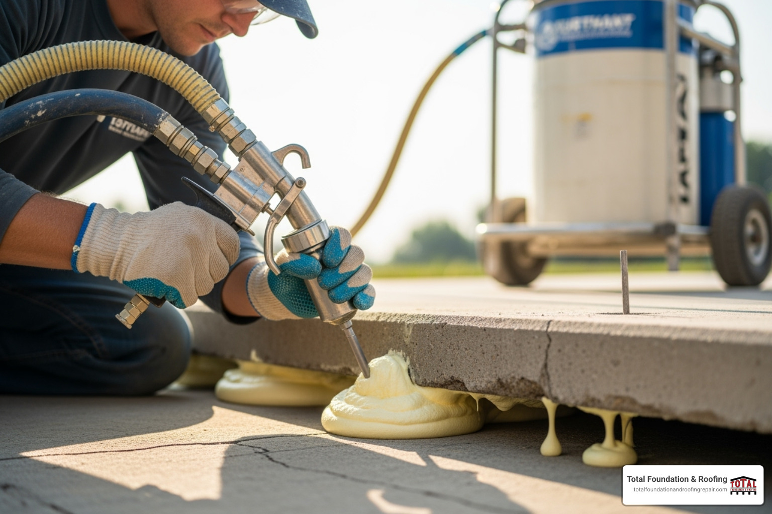 technician injecting polyurethane foam under a concrete slab - settling concrete repair