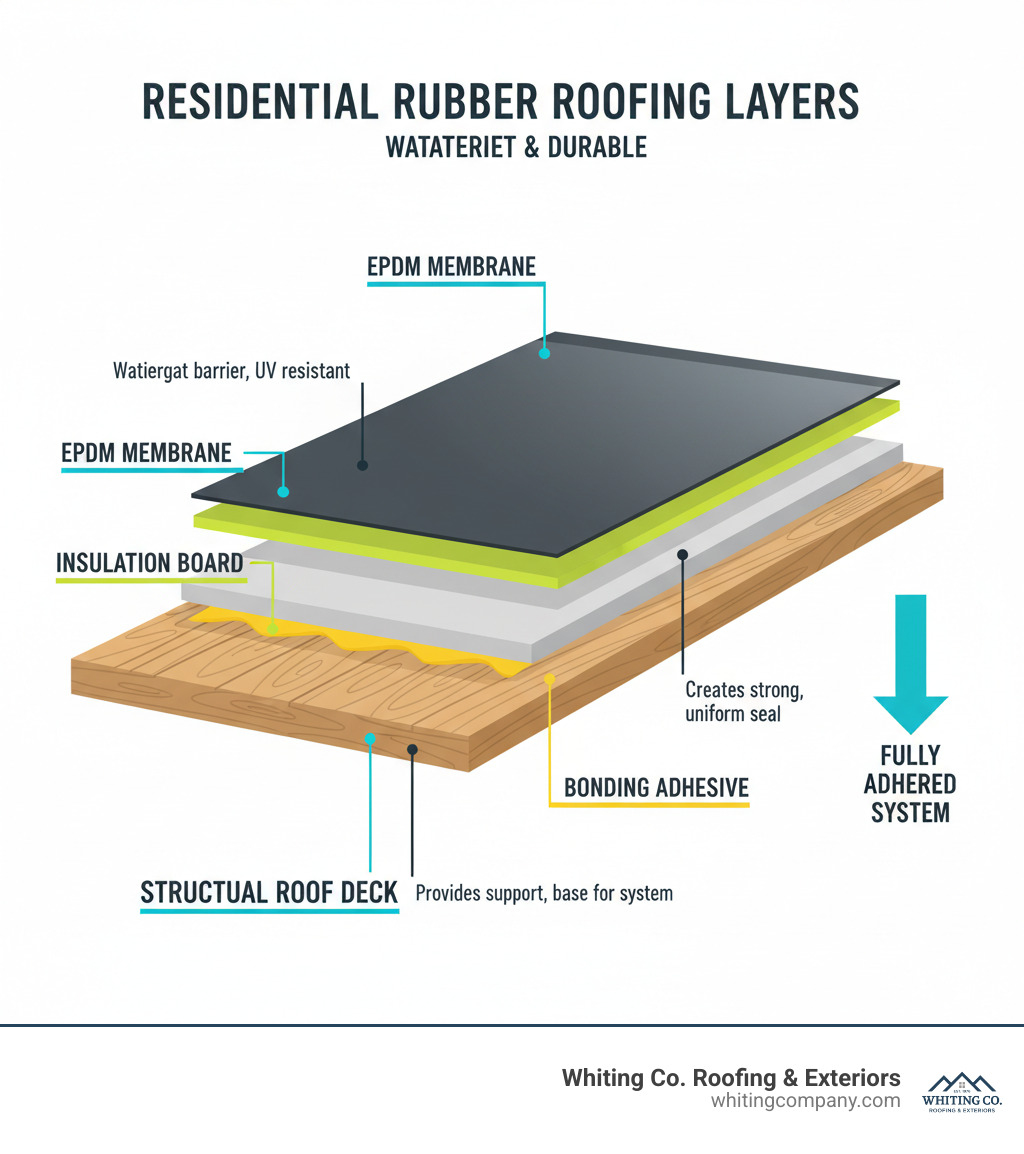 infographic showing the complete layers of a fully adhered rubber roofing system from the structural roof deck at bottom, through insulation board, bonding adhesive layer, EPDM membrane on top, with labeled callouts for each layer and their specific functions in creating a watertight seal - residential rubber roof installation infographic 