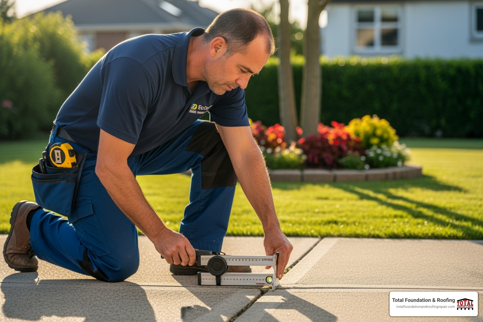 professional from Total Foundation & Roofing inspecting a settled concrete slab in Kerrville - settling concrete repair