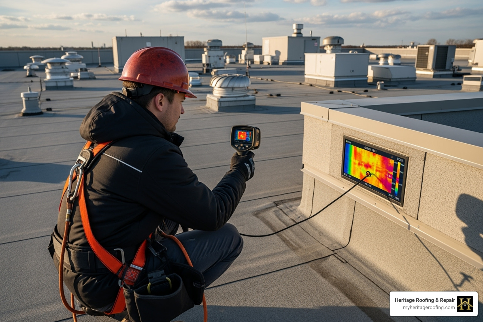 roofing professional using a thermal camera during a roof inspection - commercial contractors for roofing roofing professional using a thermal camera during a roof inspection - commercial contractors for roofing