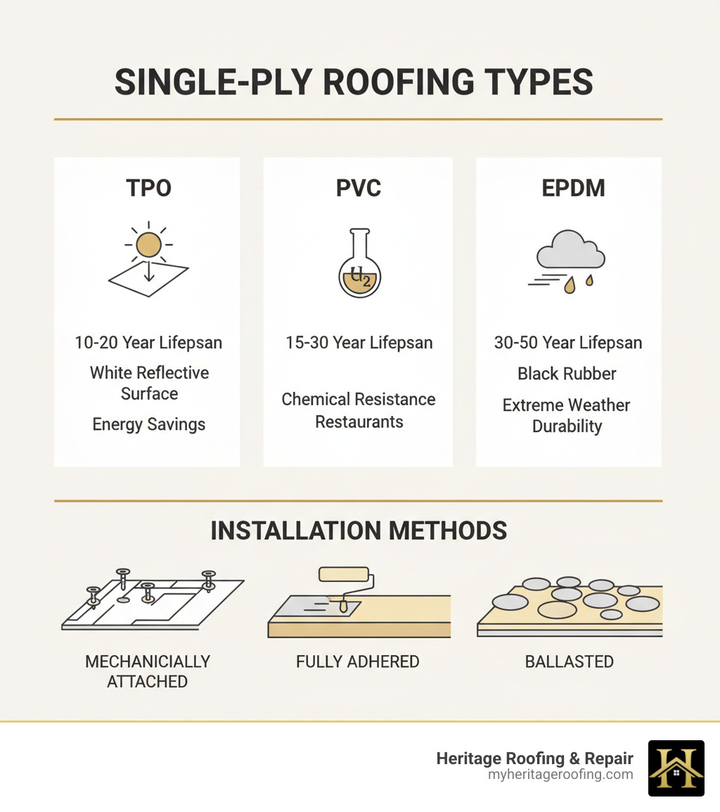 Infographic comparing single-ply roofing types: TPO with 10-20 year lifespan and white reflective surface for energy savings, PVC with 15-30 year lifespan and chemical resistance for restaurants, and EPDM with 30-50 year lifespan and black rubber for extreme weather durability, showing installation methods of mechanically attached, fully adhered, and ballasted systems - single ply roofing infographic 