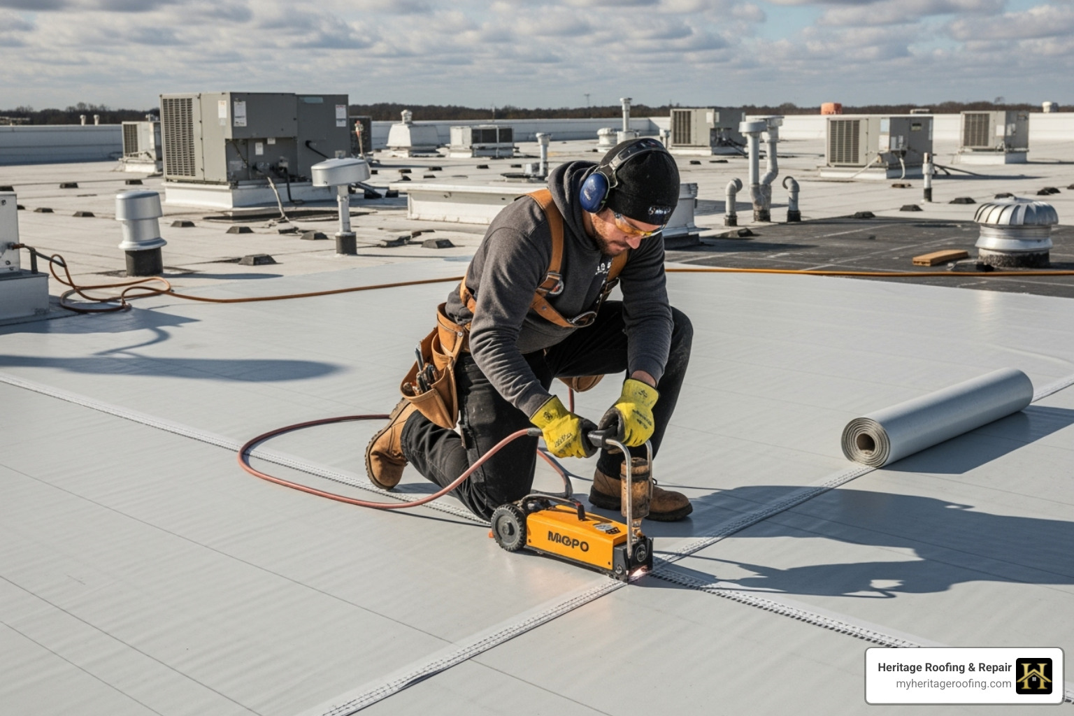 of a worker heat-welding a TPO seam. - single ply roofing