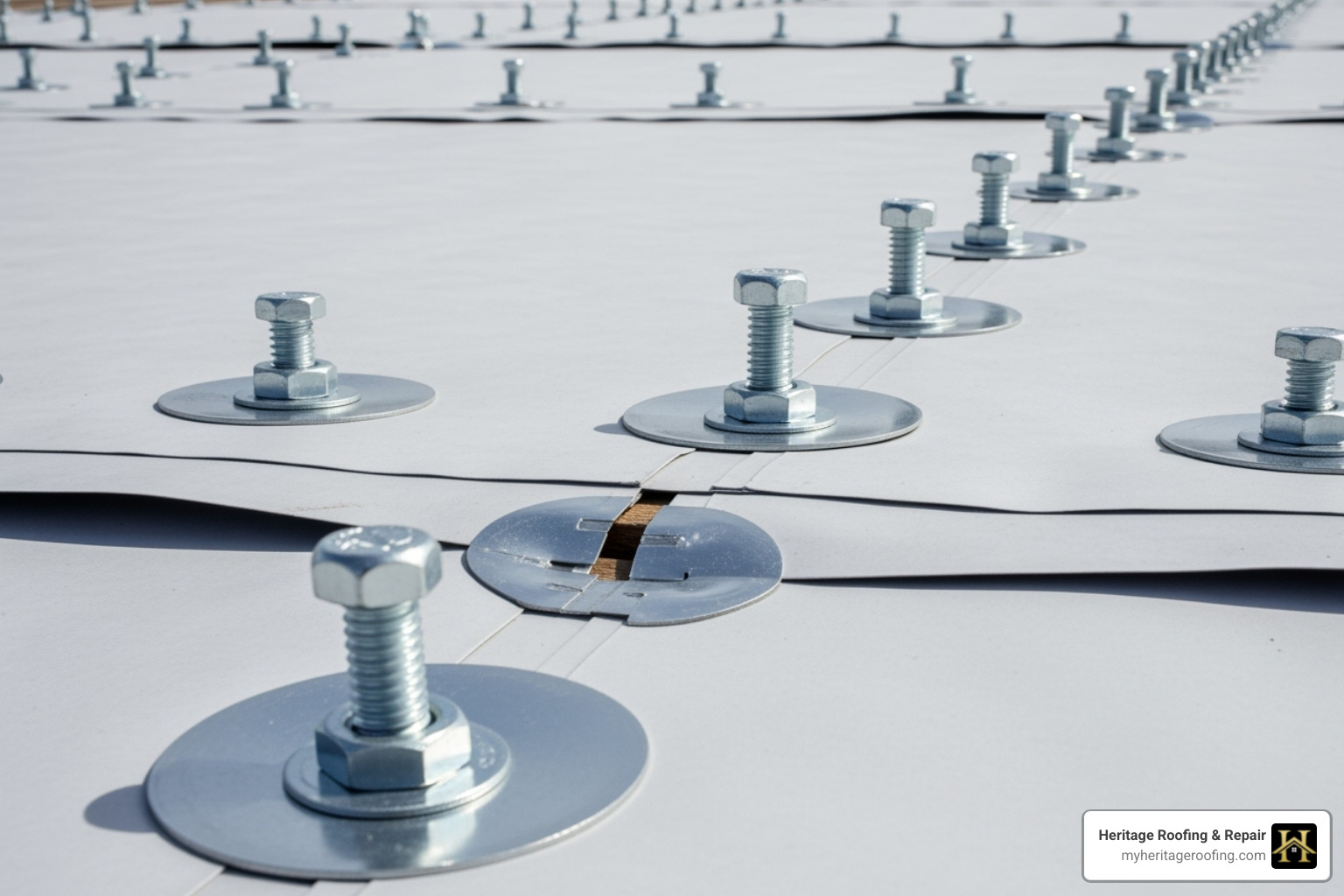 showing a mechanically attached single-ply roofing system with fasteners and plates visible. - single ply roofing