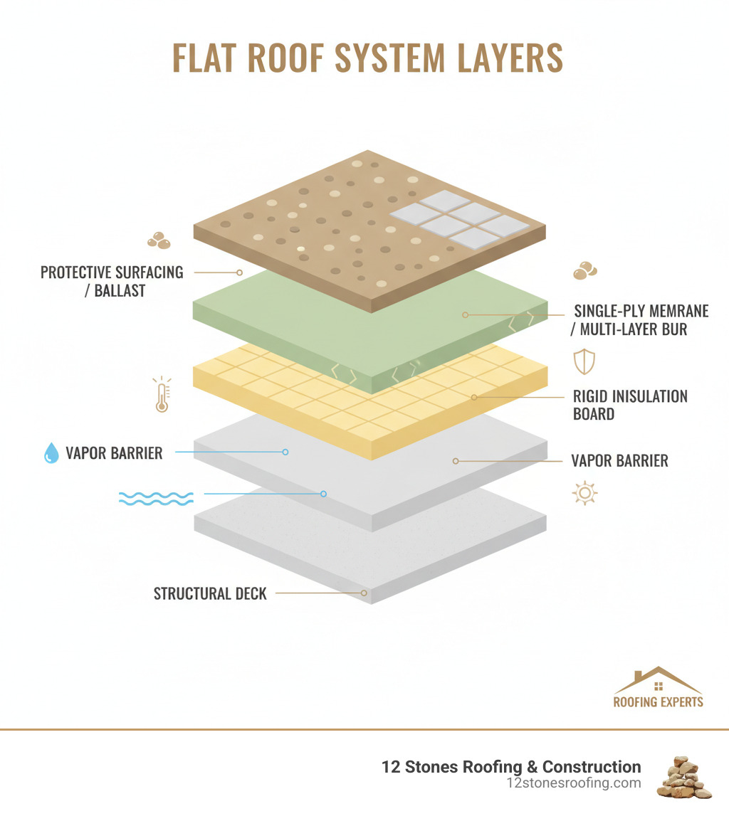 infographic showing flat roof system layers: structural deck at bottom, vapor barrier, rigid insulation board, single-ply membrane or multi-layer BUR, and protective surfacing or ballast at top - flat roof material types infographic infographic showing flat roof system layers: structural deck at bottom, vapor barrier, rigid insulation board, single-ply membrane or multi-layer BUR, and protective surfacing or ballast at top - flat roof material types infographic