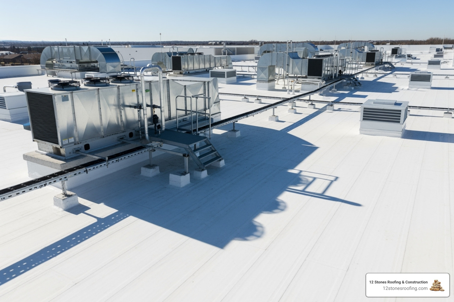 PVC roof on commercial building with HVAC units - flat roof material types PVC roof on commercial building with HVAC units - flat roof material types