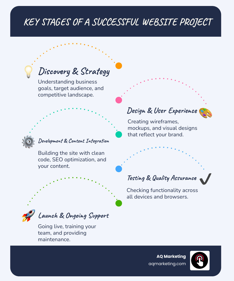 Infographic showing the five key stages of a successful website project: 1) Discovery & Strategy (understanding business goals, target audience, and competitive landscape), 2) Design & User Experience (creating wireframes, mockups, and visual designs that reflect your brand), 3) Development & Content Integration (building the site with clean code, SEO optimization, and your content), 4) Testing & Quality Assurance (checking functionality across all devices and browsers), and 5) Launch & Ongoing Support (going live, training your team, and providing maintenance) - web design Boston infographic infographic-line-5-steps-blues-accent_colors Infographic showing the five key stages of a successful website project: 1) Discovery & Strategy (understanding business goals, target audience, and competitive landscape), 2) Design & User Experience (creating wireframes, mockups, and visual designs that reflect your brand), 3) Development & Content Integration (building the site with clean code, SEO optimization, and your content), 4) Testing & Quality Assurance (checking functionality across all devices and browsers), and 5) Launch & Ongoing Support (going live, training your team, and providing maintenance) - web design Boston infographic infographic-line-5-steps-blues-accent_colors