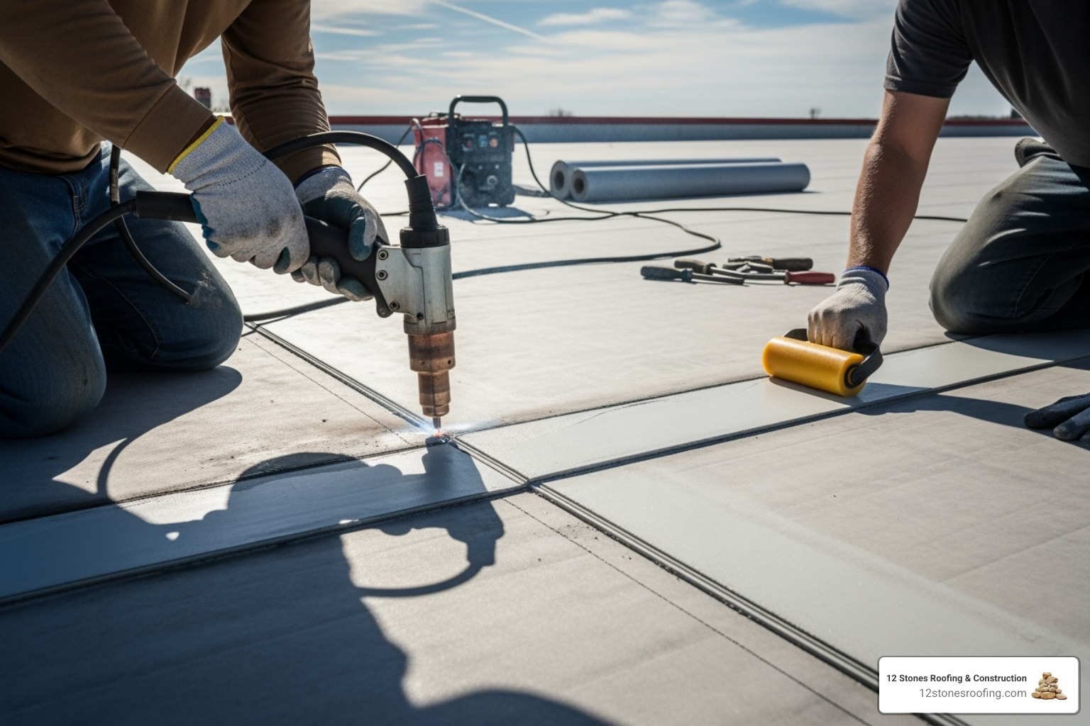 roofing crew heat-welding TPO seams - flat roof material types roofing crew heat-welding TPO seams - flat roof material types