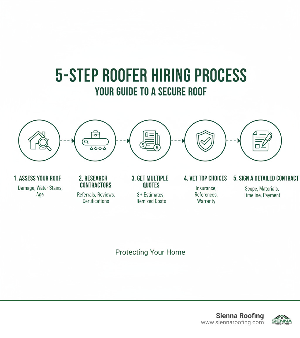 Infographic showing the 5-step process to hiring a roofer: Step 1 - Assess Your Roof (inspect for visible damage, water stains, and age-related wear), Step 2 - Research Contractors (gather referrals, check online reviews, verify manufacturer certifications), Step 3 - Get Multiple Quotes (request at least 3 detailed, written estimates with itemized costs), Step 4 - Vet Your Top Choices (verify insurance, check references, review portfolios, confirm warranties), Step 5 - Sign a Detailed Contract (ensure scope of work, materials, timeline, payment schedule, and warranty terms are clearly documented) - find a roofer infographic 