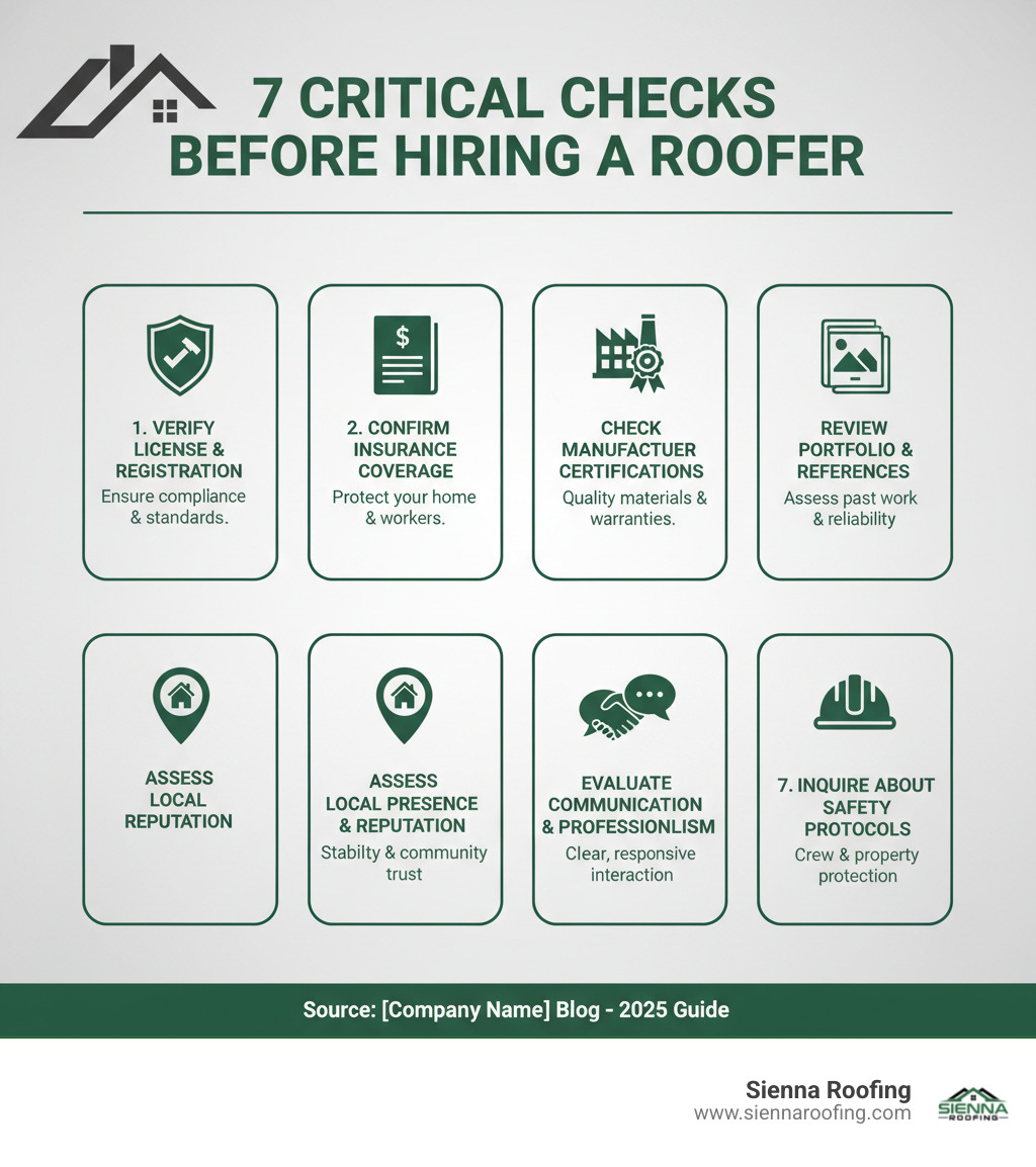 Infographic detailing 7 critical checks before hiring a roofer: 1. Verify License & Registration, 2. Confirm Insurance Coverage, 3. Check Manufacturer Certifications, 4. Review Portfolio & References, 5. Assess Local Presence & Reputation, 6. Evaluate Communication & Professionalism, 7. Inquire About Safety Protocols. - find a roofer infographic 