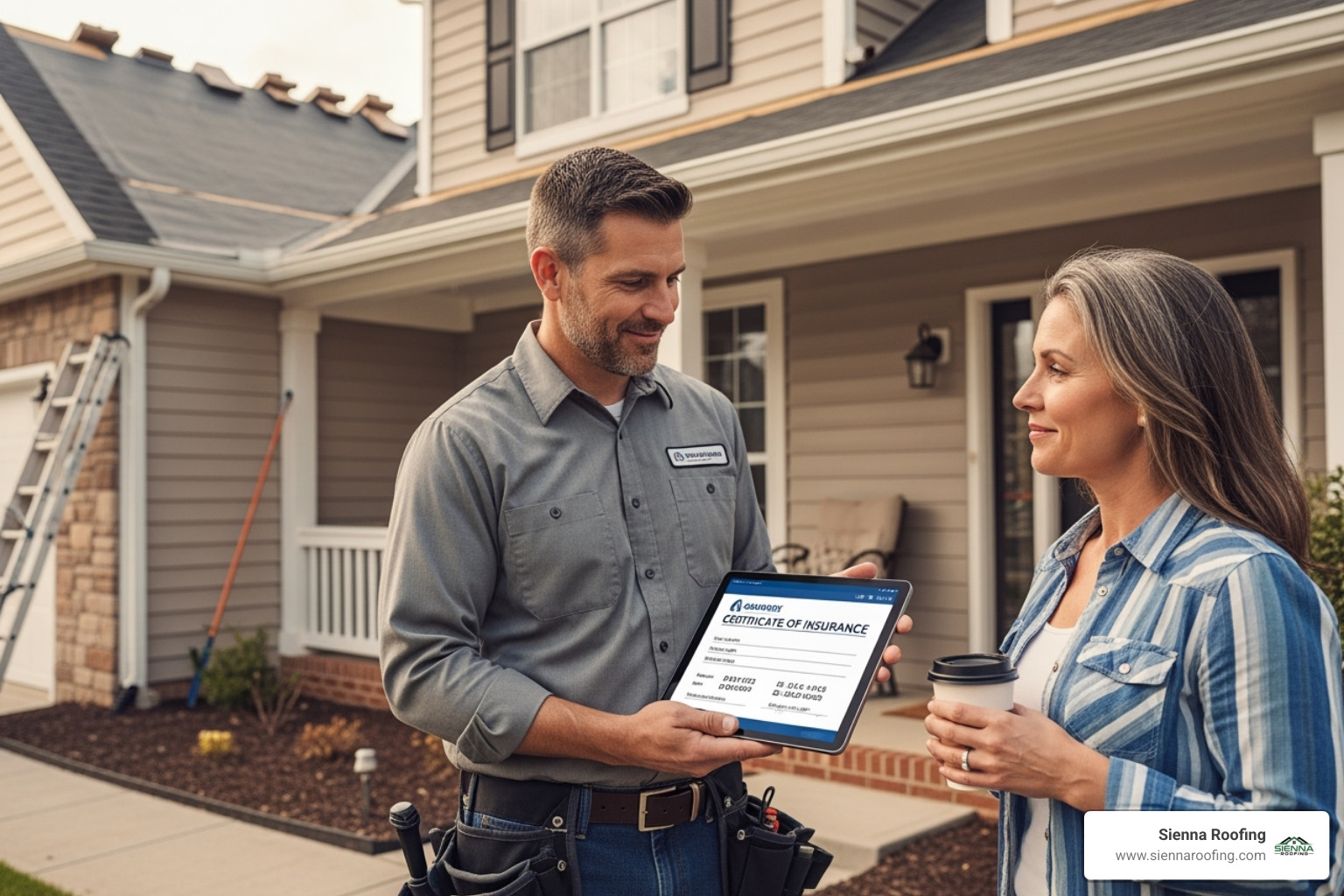 A roofer showing proof of insurance on a tablet to a homeowner. - find a roofer