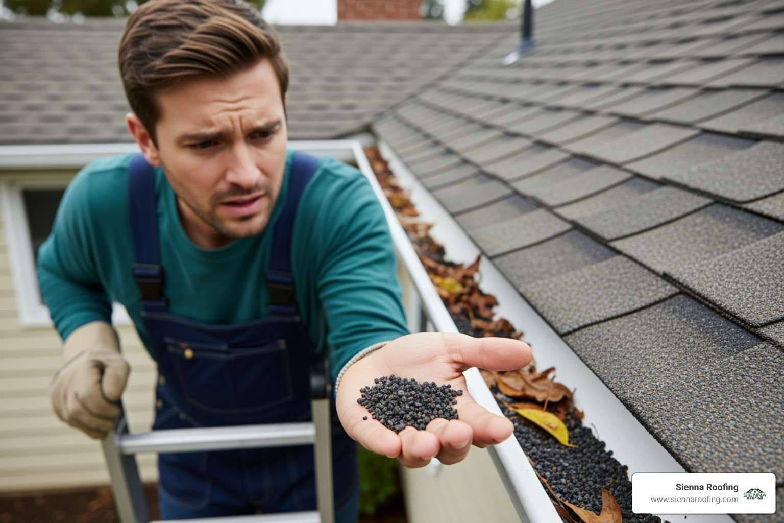 A homeowner inspecting their gutters and finding a handful of shingle granules. - find a roofer