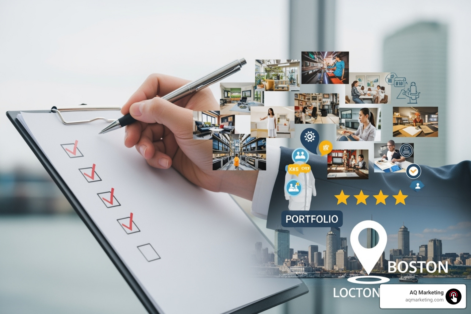 Checklist with items like "Portfolio," "Reviews," and "Local Expertise" - web design Boston Checklist with items like "Portfolio," "Reviews," and "Local Expertise" - web design Boston