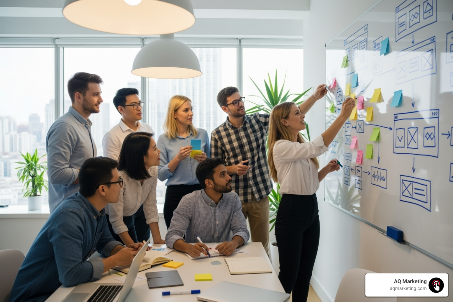 Team collaborating around a whiteboard, mapping out a website structure - web design Boston Team collaborating around a whiteboard, mapping out a website structure - web design Boston