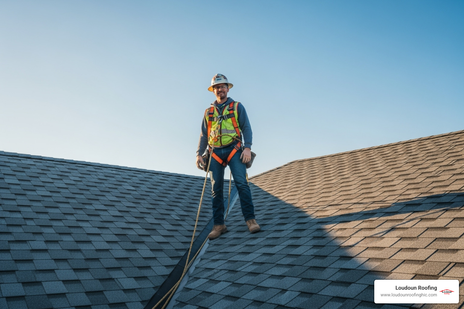 roofer smiling at the camera after completing an asphalt diamond shingle roof installation - asphalt diamond shingles