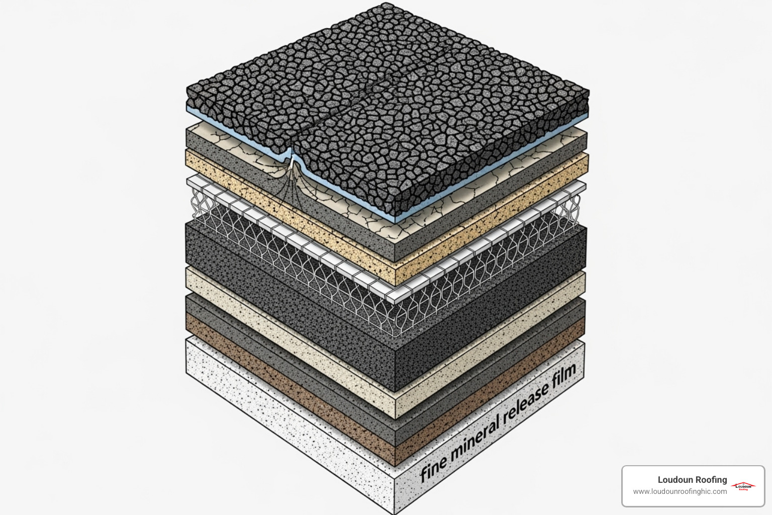 diagram showing the layers of a Class 4 impact-resistant asphalt diamond shingle - asphalt diamond shingles