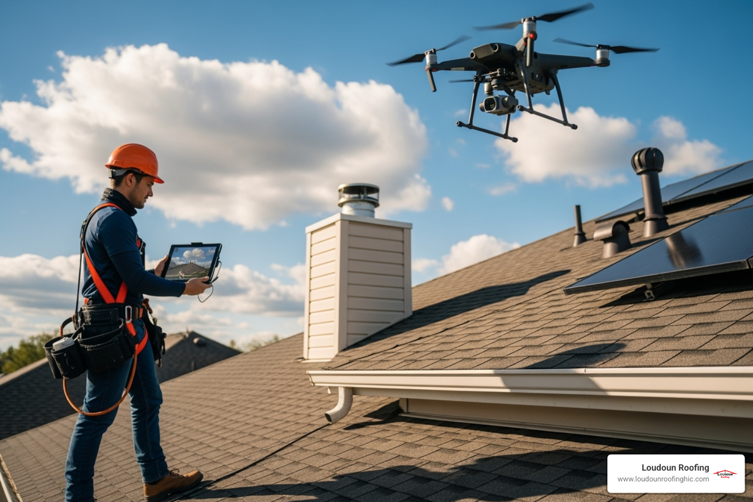 A roofer using a drone for a roof inspection - multifamily roofing repairs