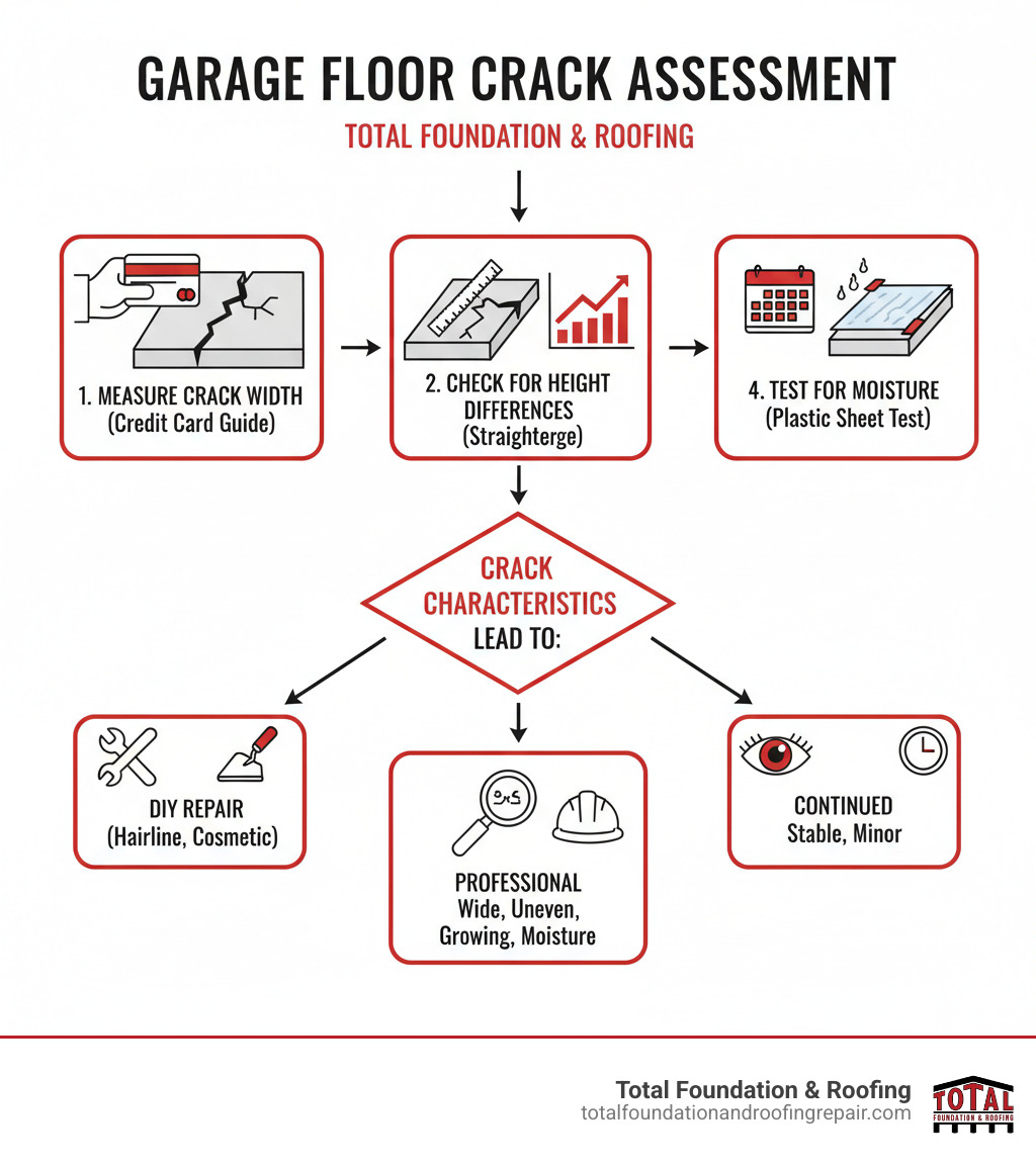 Infographic showing garage floor crack assessment flowchart: measure crack width with credit card, check for height differences with straightedge, monitor growth over 2-3 months, test for moisture with plastic sheet, decision tree leading to DIY repair, professional assessment, or continued monitoring based on crack characteristics - cracked slab in garage infographic Infographic showing garage floor crack assessment flowchart: measure crack width with credit card, check for height differences with straightedge, monitor growth over 2-3 months, test for moisture with plastic sheet, decision tree leading to DIY repair, professional assessment, or continued monitoring based on crack characteristics - cracked slab in garage infographic