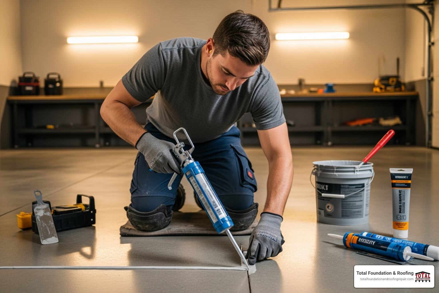 professional applying epoxy filler - cracked slab in garage professional applying epoxy filler - cracked slab in garage