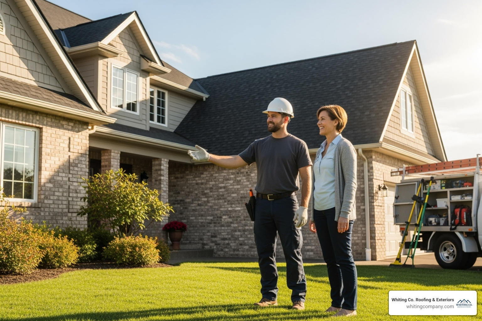 certified roofer presenting a completed roof to a satisfied homeowner - roof replacement services certified roofer presenting a completed roof to a satisfied homeowner - roof replacement services