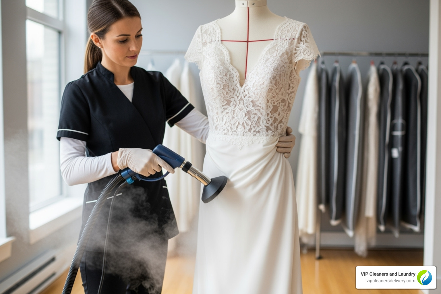 professional using a commercial-grade steamer on a delicate wedding dress - wedding dress pressing cost