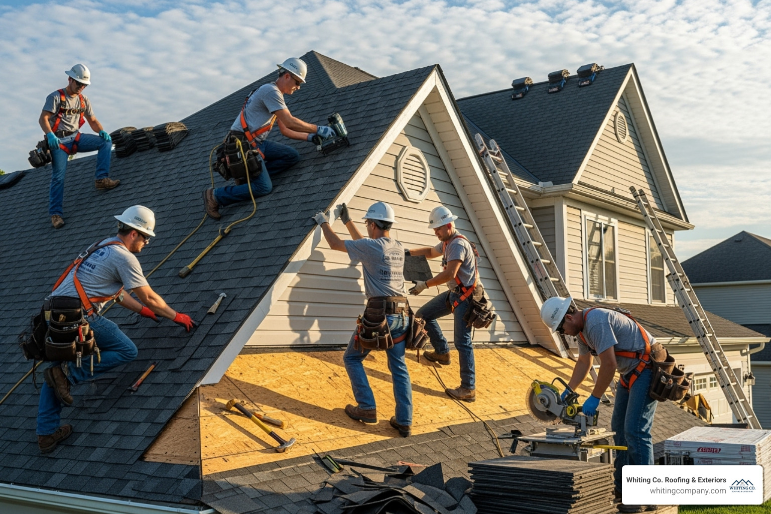 certified roofing crew installing a new roof - roof replacement services certified roofing crew installing a new roof - roof replacement services