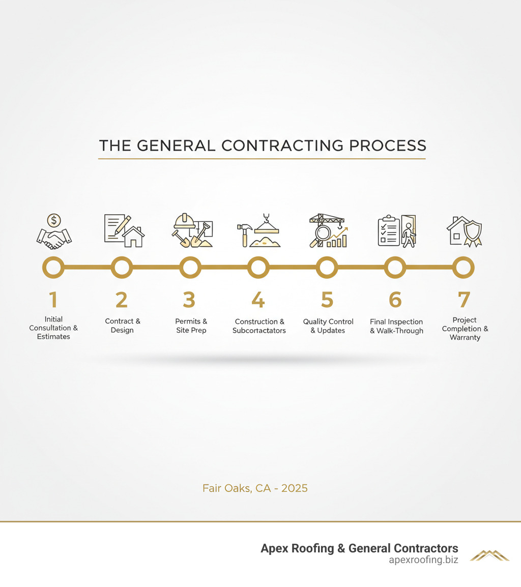 Infographic showing the complete general contracting process: Initial Consultation and Estimates, Contract Signing and Design Finalization, Permit Acquisition and Site Preparation, Construction Phase with Subcontractor Management, Quality Control and Progress Updates, Final Inspections and Walk-Through, Project Completion with Warranty - General contractor Fair Oaks infographic Infographic showing the complete general contracting process: Initial Consultation and Estimates, Contract Signing and Design Finalization, Permit Acquisition and Site Preparation, Construction Phase with Subcontractor Management, Quality Control and Progress Updates, Final Inspections and Walk-Through, Project Completion with Warranty - General contractor Fair Oaks infographic