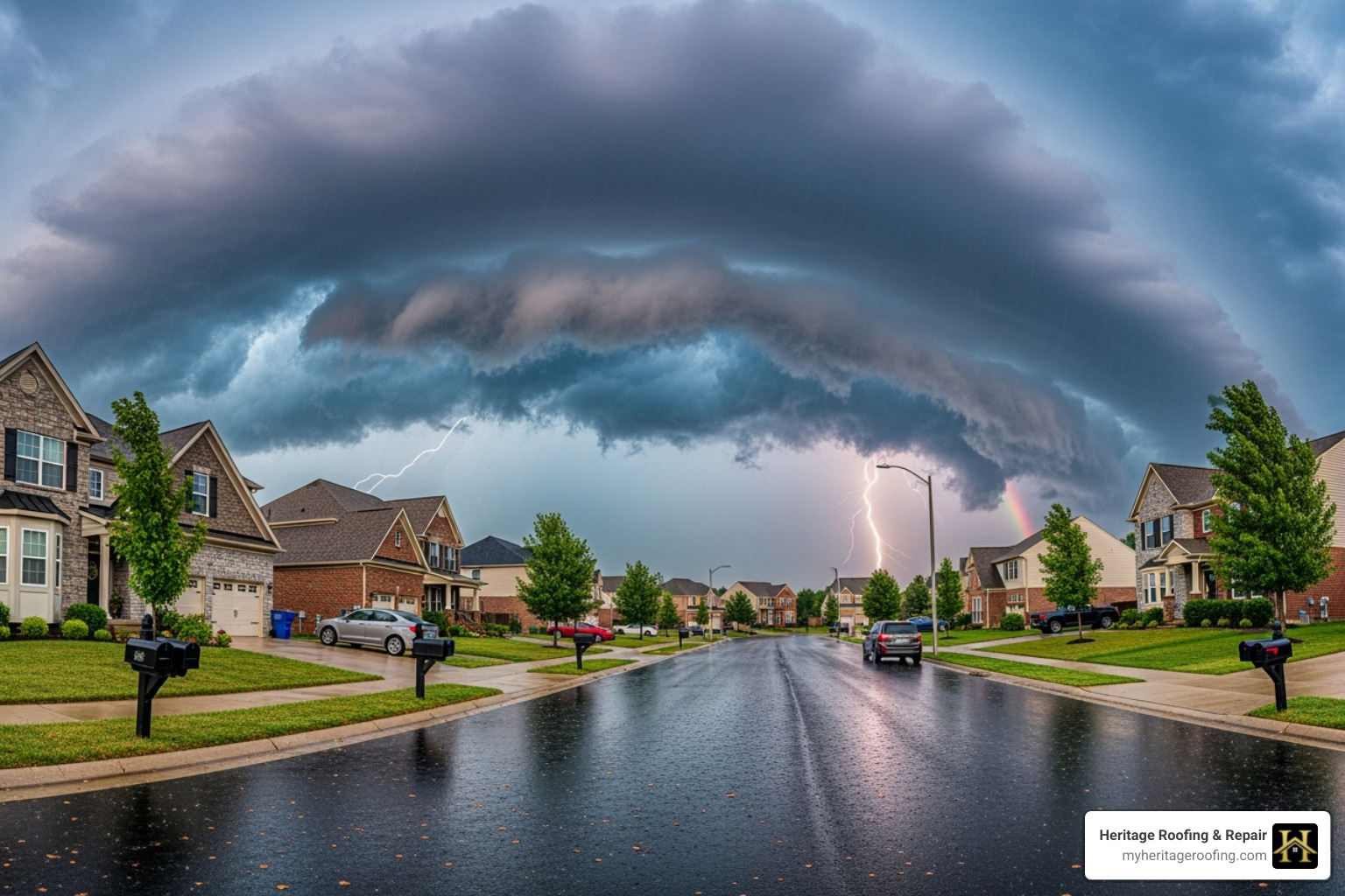 Storm clouds over a residential neighborhood - free roof inspection
