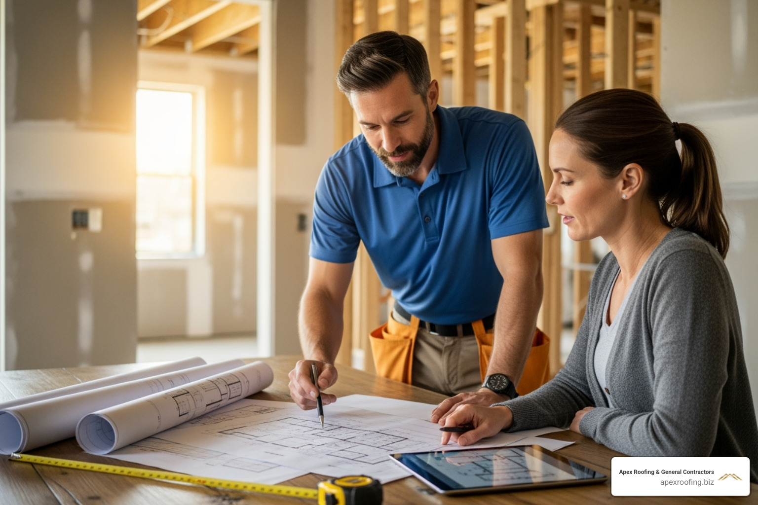 Contractor and homeowner reviewing blueprints - General contractor Fair Oaks Contractor and homeowner reviewing blueprints - General contractor Fair Oaks