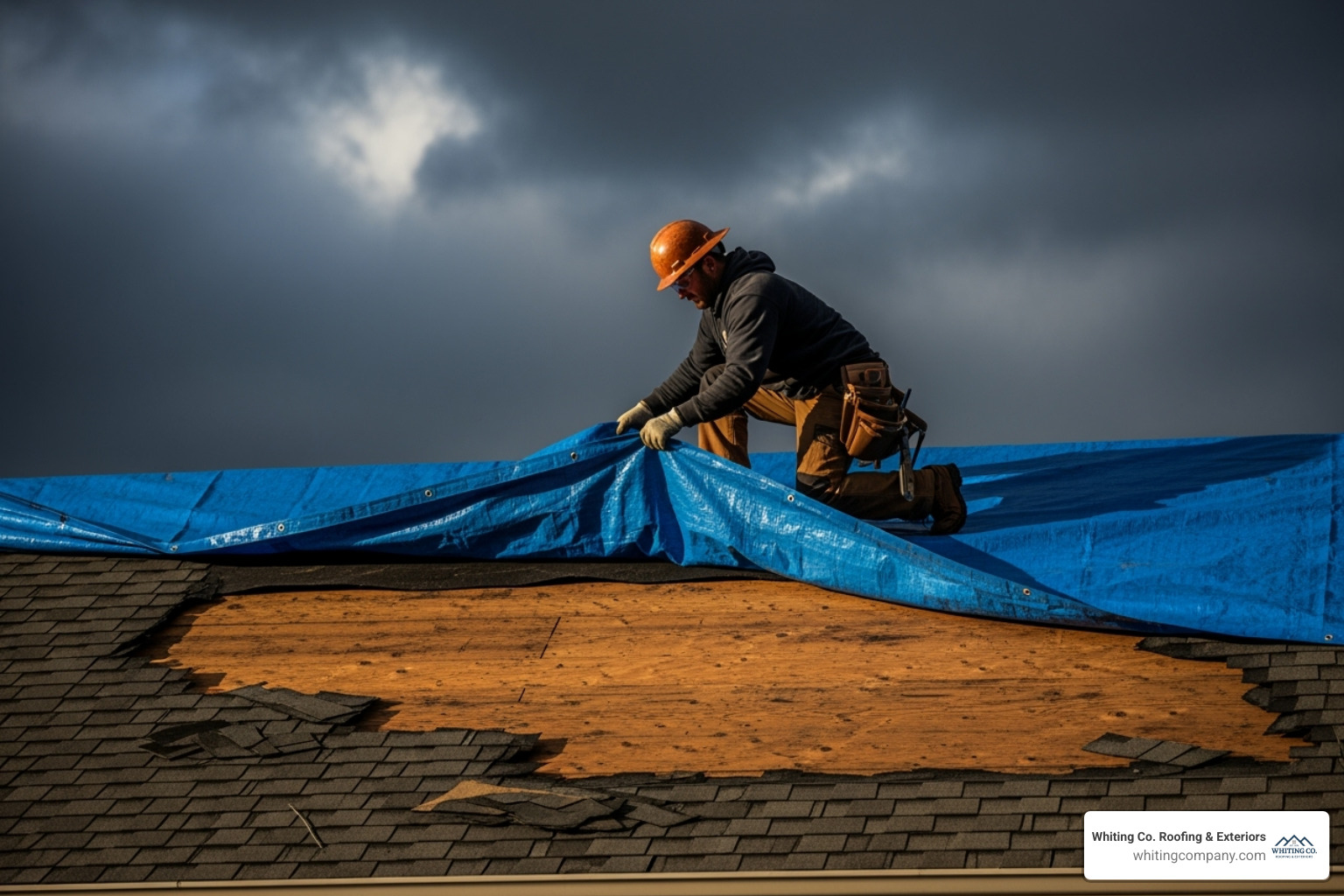 Roofer applying an emergency tarp to a damaged roof section - Fast roof repair services