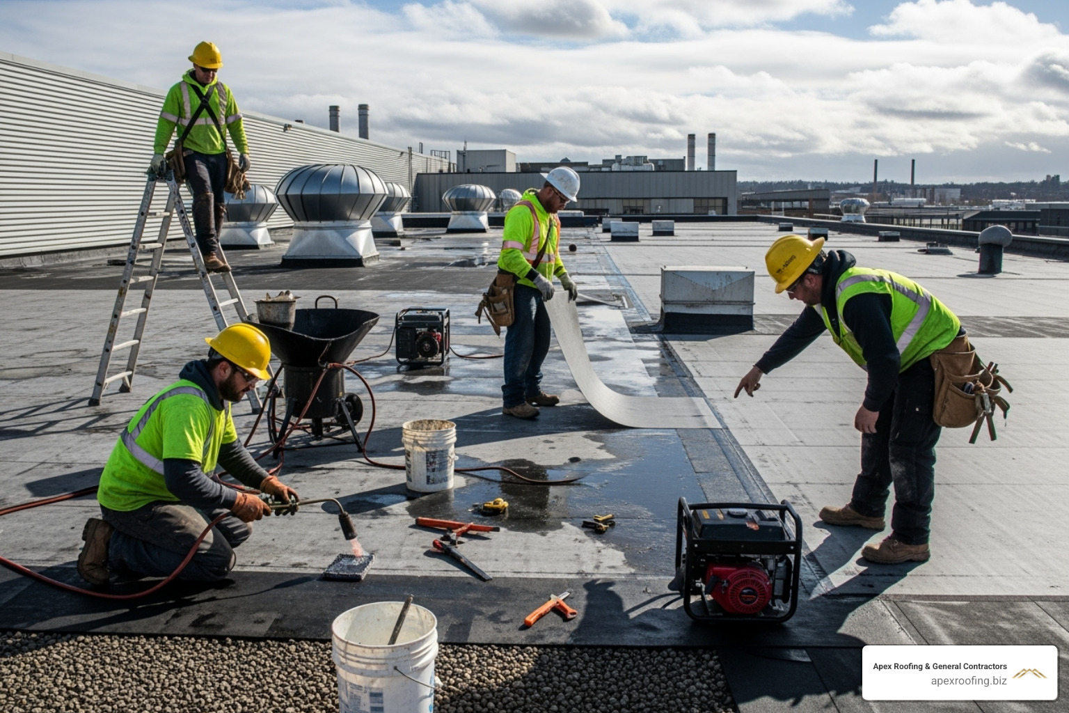 a professional roofing crew in safety gear working on a large flat industrial roof - industrial roofing companies near me a professional roofing crew in safety gear working on a large flat industrial roof - industrial roofing companies near me