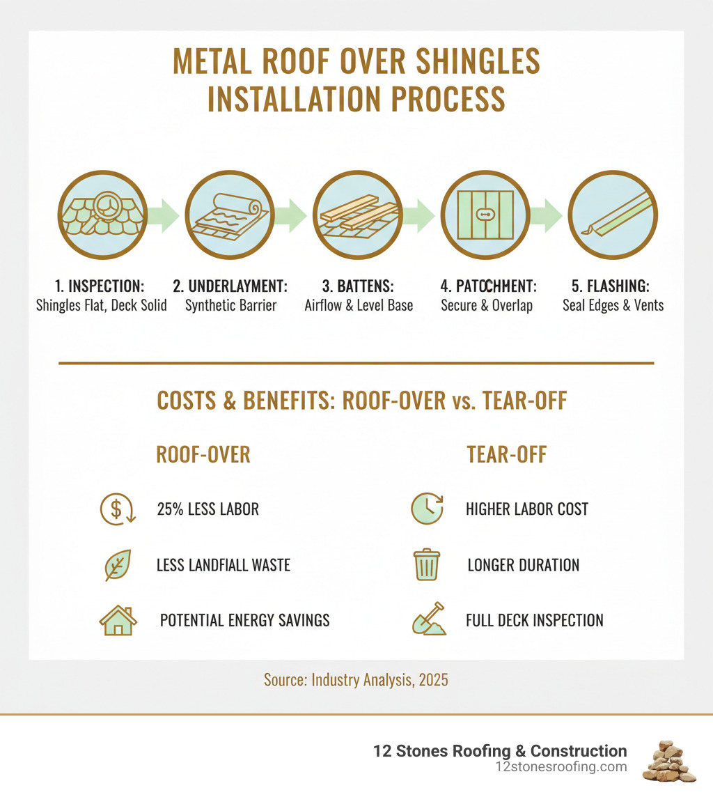 infographic showing metal roof over shingles installation process with steps for inspection, underlayment, batten installation, panel attachment, and flashing, plus comparison table of roof-over versus tear-off costs and benefits - best way to put metal roof over shingles infographic  infographic showing metal roof over shingles installation process with steps for inspection, underlayment, batten installation, panel attachment, and flashing, plus comparison table of roof-over versus tear-off costs and benefits - best way to put metal roof over shingles infographic