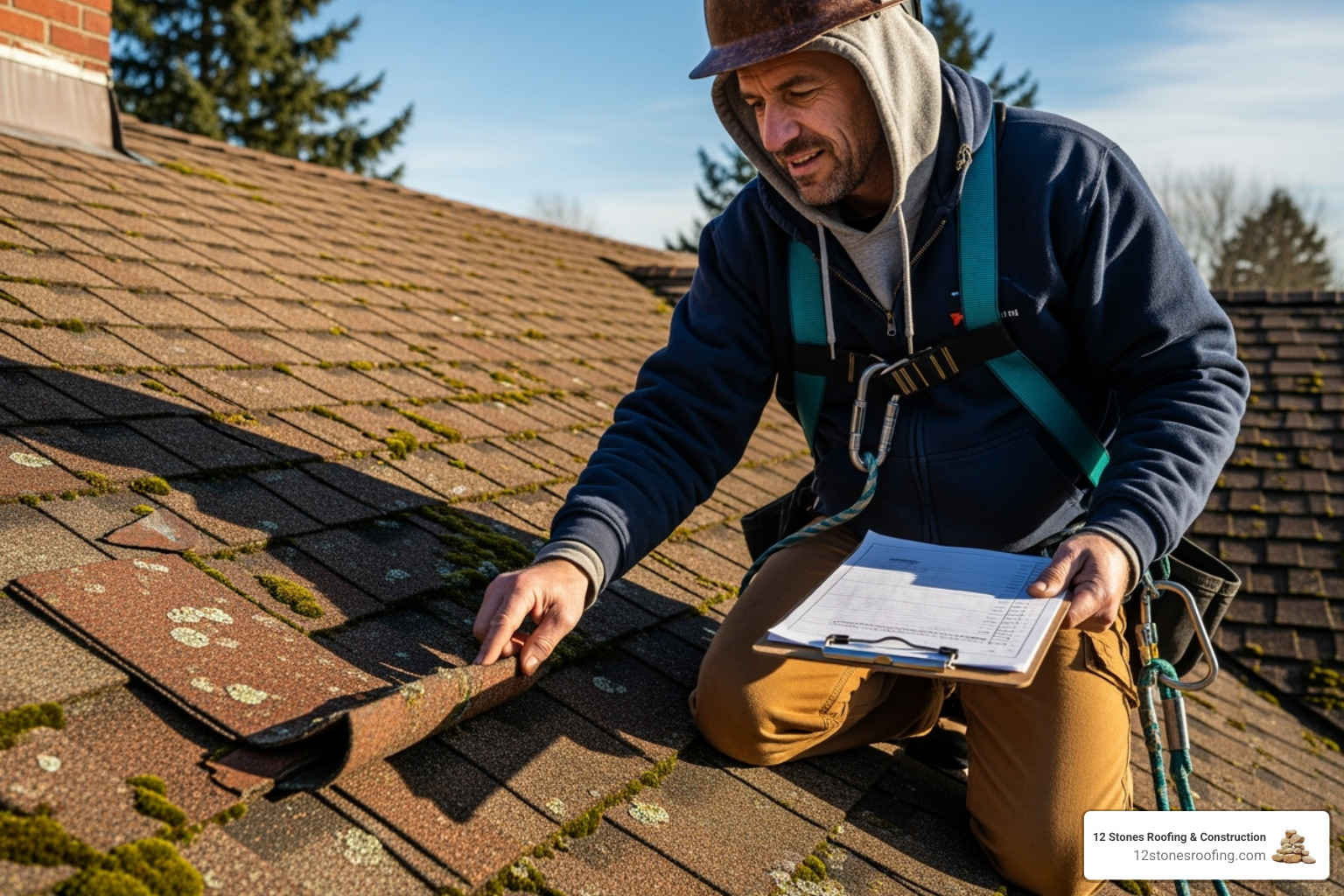 professional roofer examining an old shingle roof with a checklist - best way to put metal roof over shingles professional roofer examining an old shingle roof with a checklist - best way to put metal roof over shingles