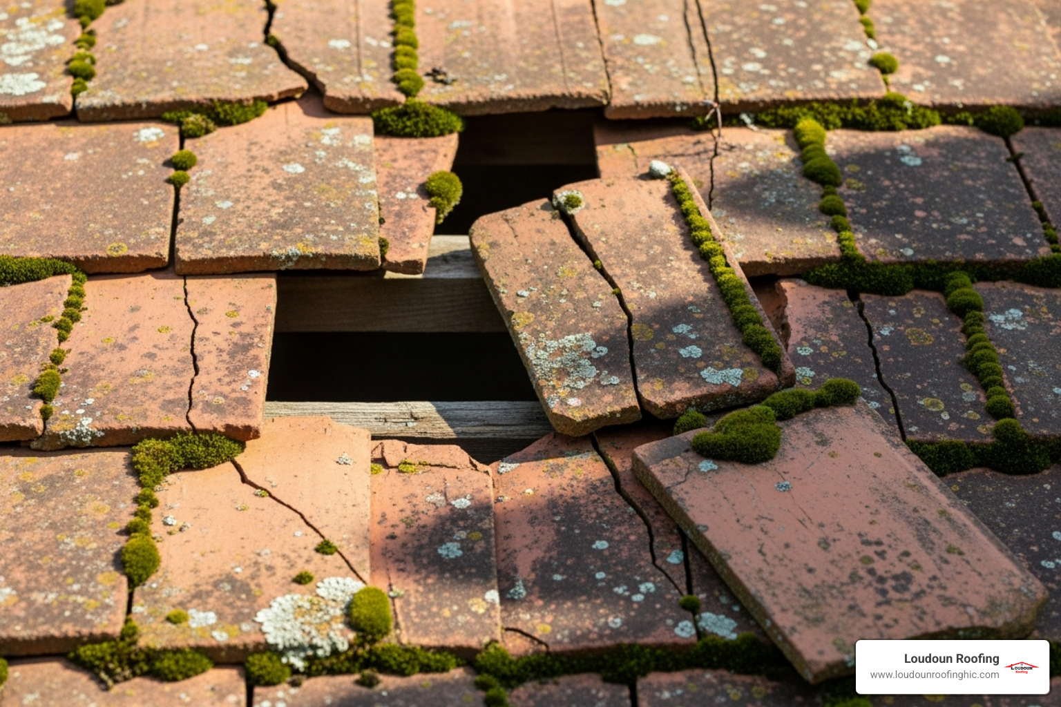 damaged tile roof showing cracked, slipped, and moss-covered tiles - leesburg tile roof replacement