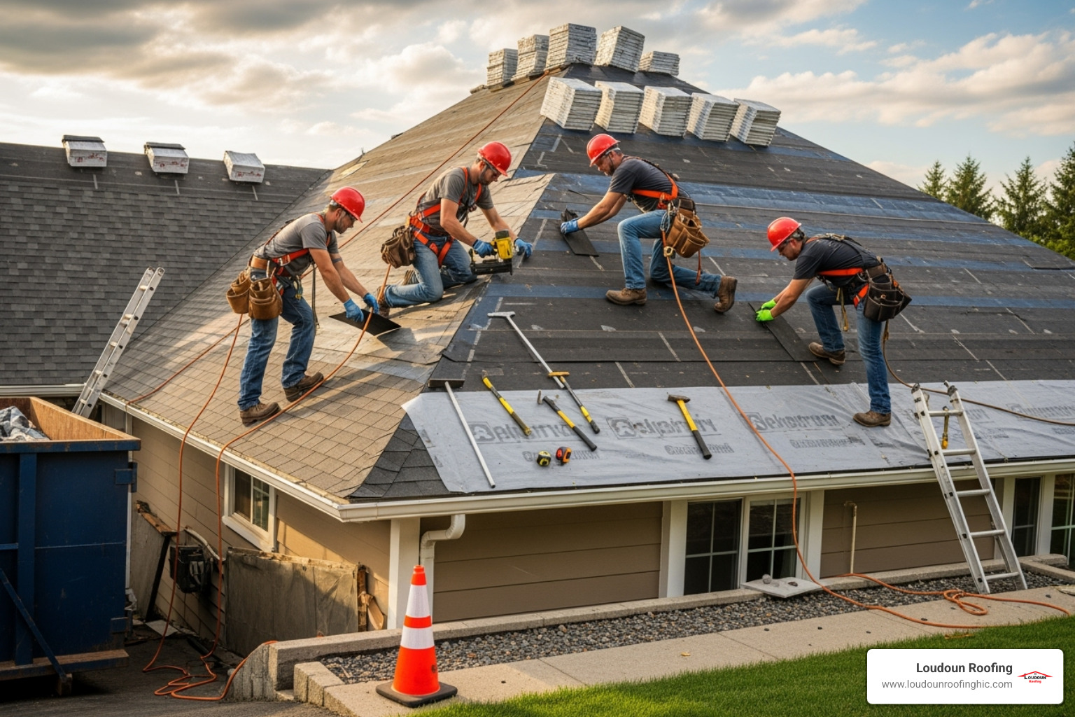 professional roofing crew safely installing tiles on a residential roof - leesburg tile roof replacement