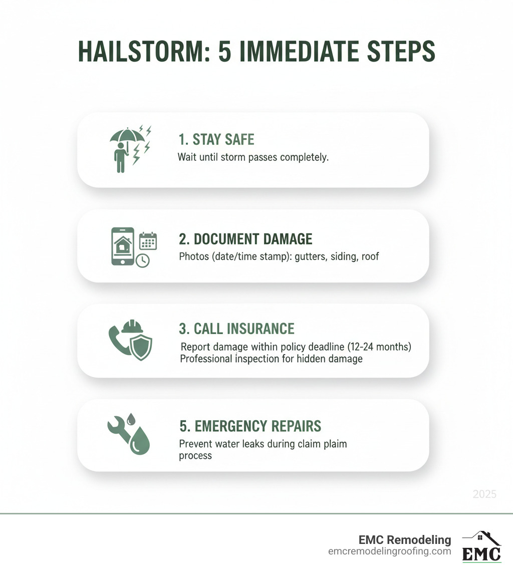 Infographic showing 5 immediate steps after a hailstorm: 1. Stay safe - wait until storm passes completely; 2. Document damage from ground level with photos showing date/time stamps of gutters, siding, and visible roof areas; 3. Call your insurance company within policy deadline (usually 12-24 months) to report storm damage; 4. Contact a licensed local roofing contractor for professional inspection - hidden damage often exists beneath surface; 5. Schedule temporary emergency repairs if needed to prevent water infiltration while claim processes - hail repair roofing infographic  Infographic showing 5 immediate steps after a hailstorm: 1. Stay safe - wait until storm passes completely; 2. Document damage from ground level with photos showing date/time stamps of gutters, siding, and visible roof areas; 3. Call your insurance company within policy deadline (usually 12-24 months) to report storm damage; 4. Contact a licensed local roofing contractor for professional inspection - hidden damage often exists beneath surface; 5. Schedule temporary emergency repairs if needed to prevent water infiltration while claim processes - hail repair roofing infographic